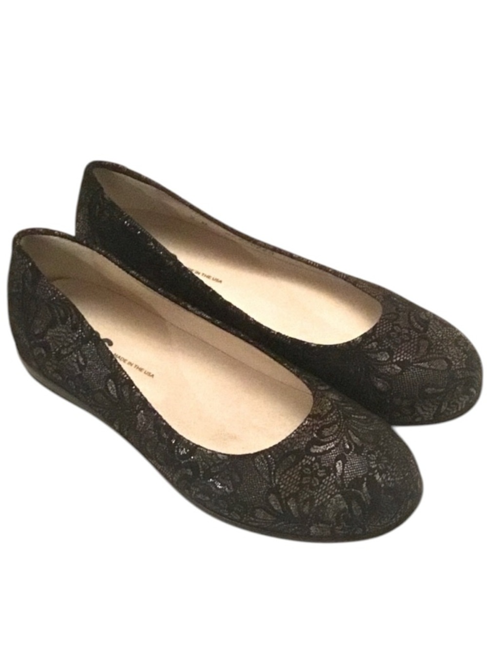 SAS Black Leather Flats SCENIC Lace Design Comfort Slip-ons Size-7 WIDE